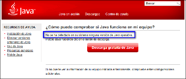 Captura de pantalla del mensaje de Java no disponible