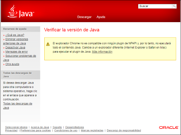Captura de pantalla del mensaje de Java no soportado