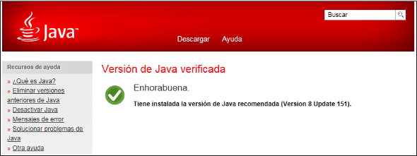 Captura de pantalla del mensaje de última versión de Java instalada